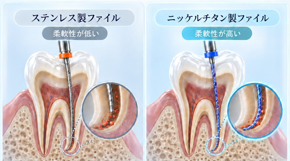 ステンレス製ファイル(柔軟性が低い)とニッケルチタン製ファイル(柔軟性が高い)が根管のカーブを進む様子の比較図