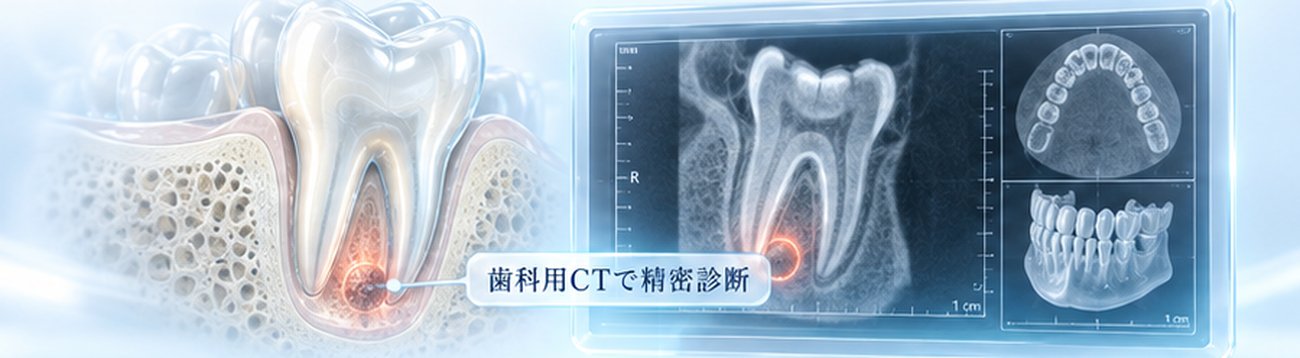 根の先に病変がある歯を歯科用CTで精密に診断するイメージ図